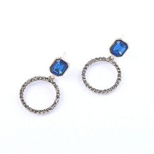 925 Sterling Silver Earrings Blue Pave Crystal Hoop Circle Earrings - 1.25" L
